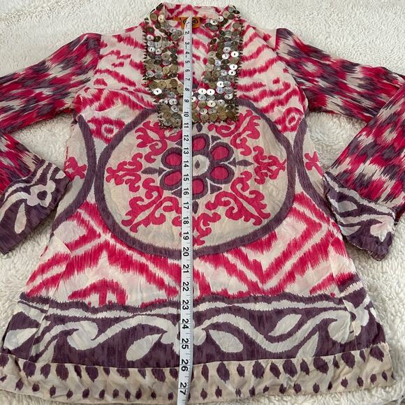 Tory Burch 100% Silk Tunic V-Neck Purple/Pink Ikat Print Sz 2 Indie Art Core Gir - Picture 5 of 9
